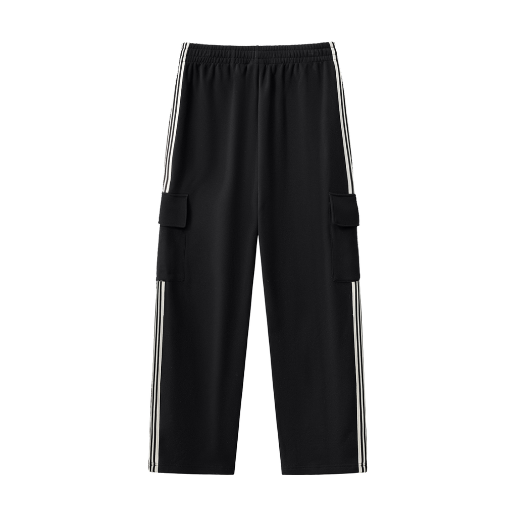 Black UNR Motion Set cargo pants with contrast side stripes, back view
