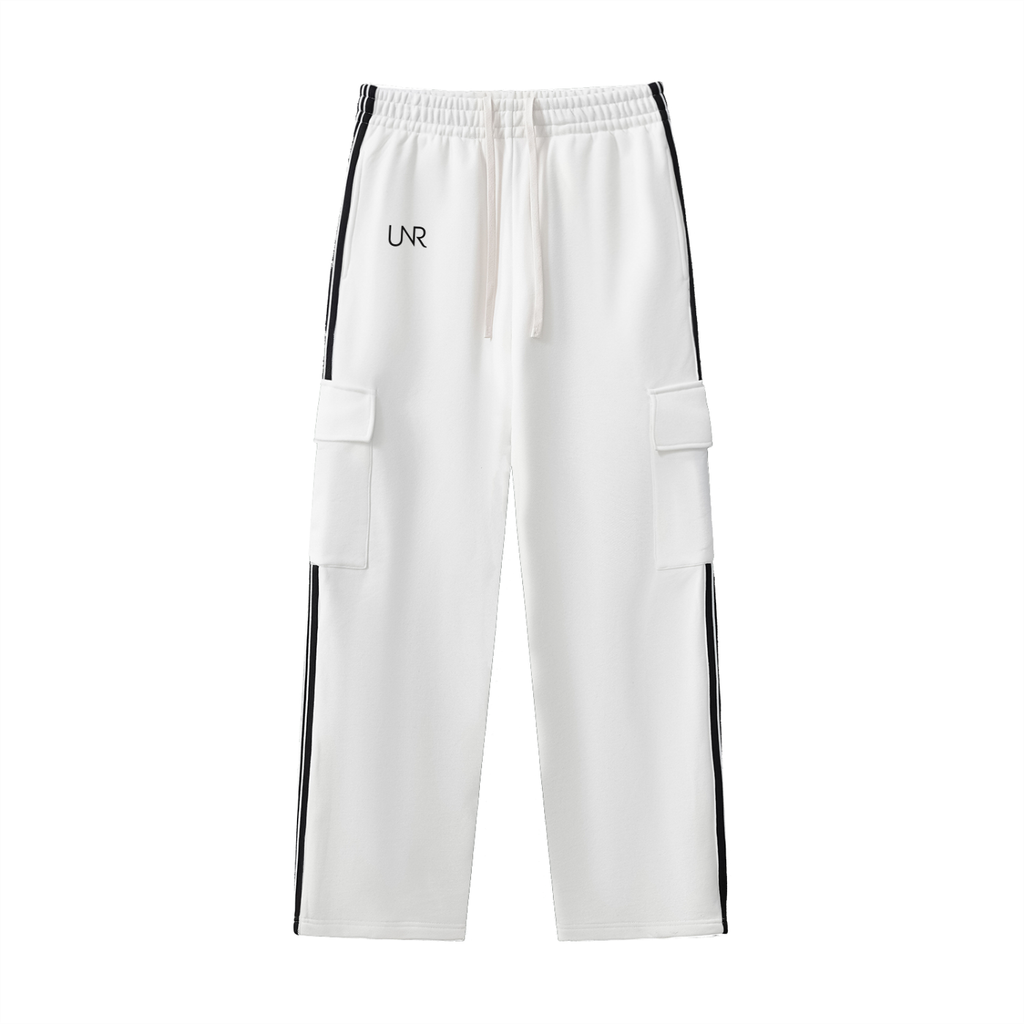 White UNR Motion Set cargo pants with utility pockets and contrast side stripes, front view