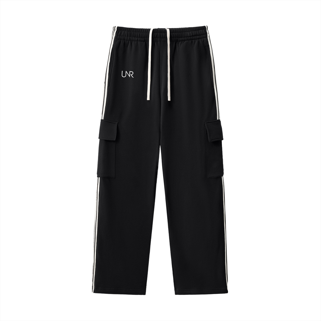 Black UNR Motion Set cargo pants with utility pockets and contrast side stripes, front view