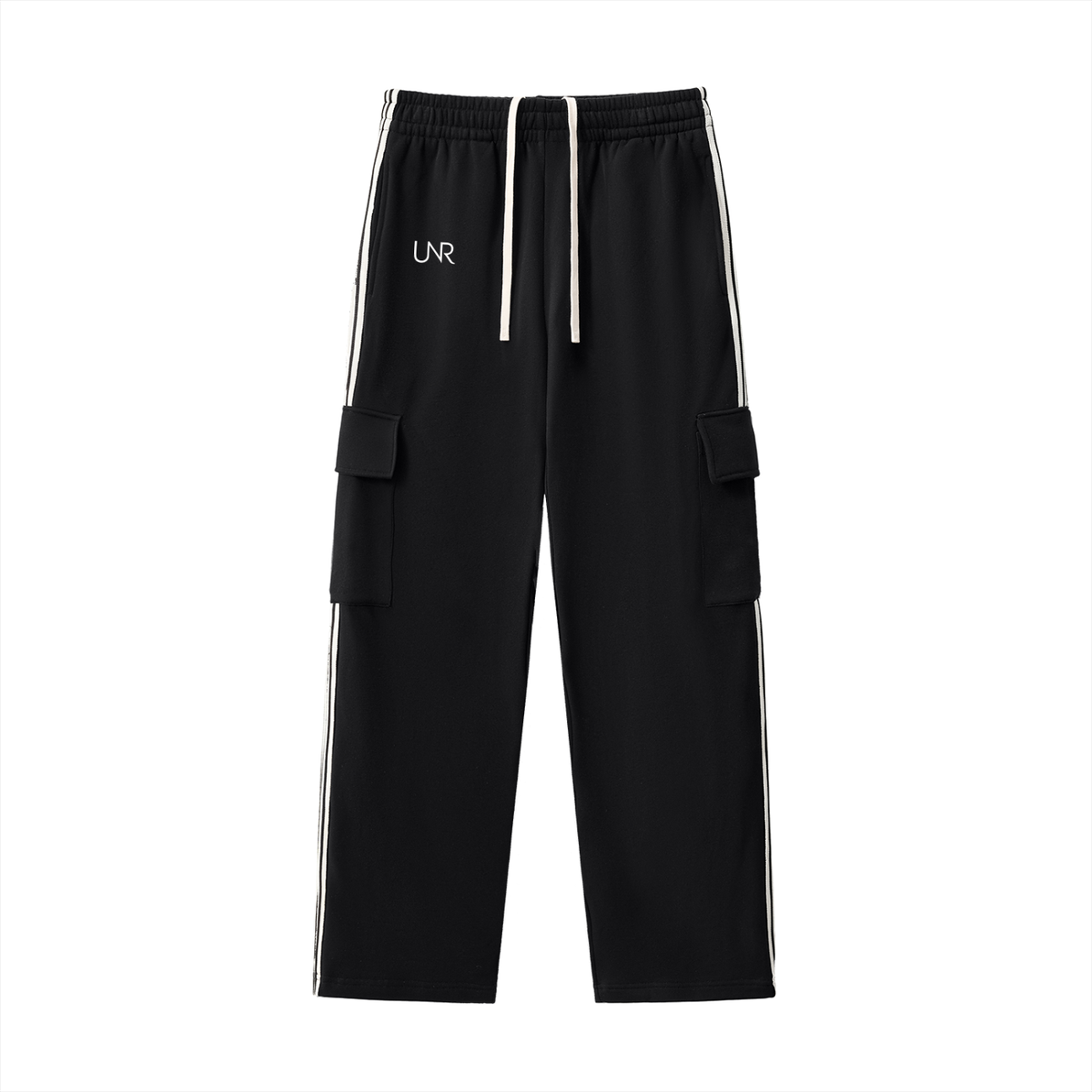 Black UNR Motion Set cargo pants with utility pockets and contrast side stripes, front view