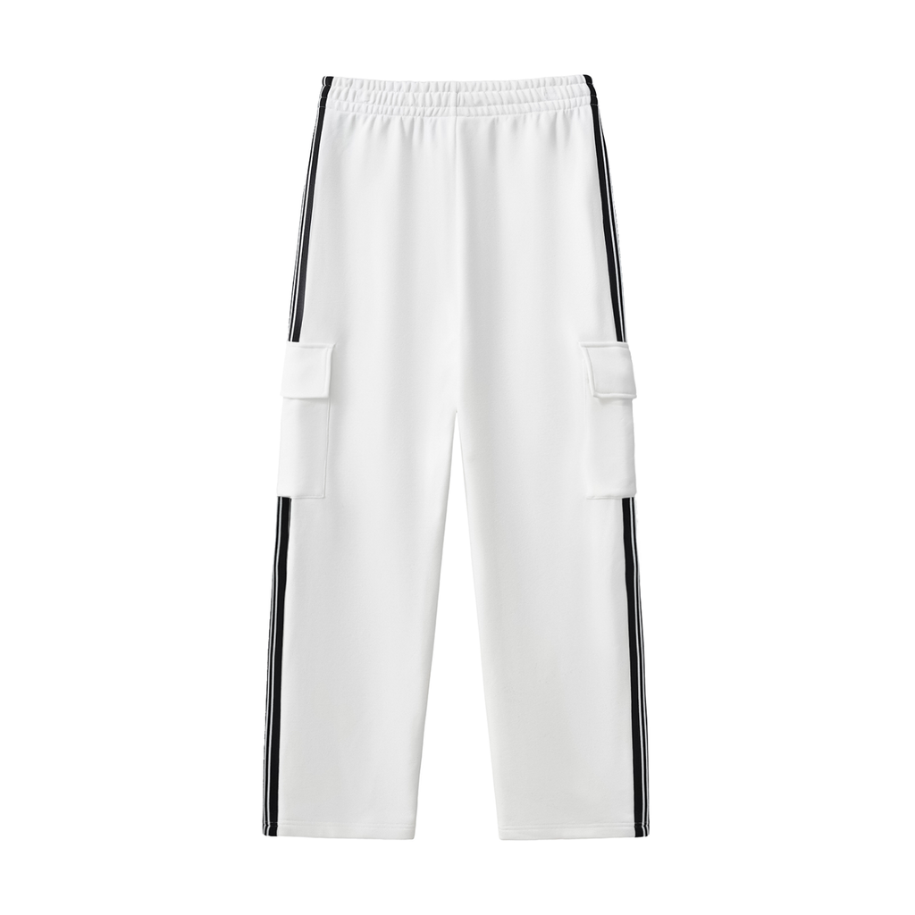 White UNR Motion Set cargo pants with contrast side stripes, back view