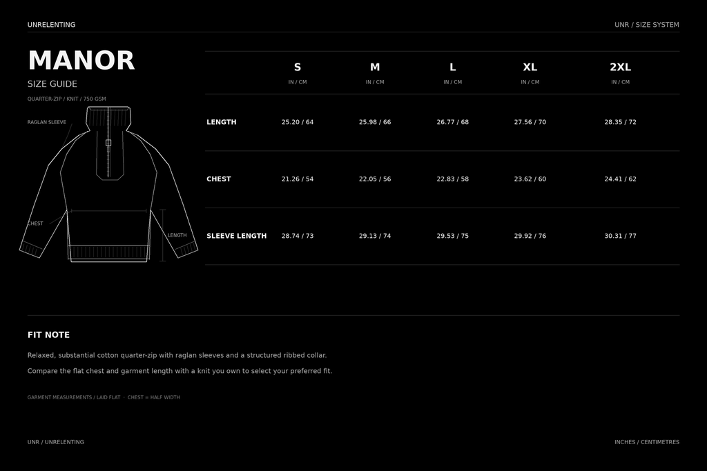 Manor quarter-zip cotton knit UNR size guide S M L XL 2XL in inches and centimetres