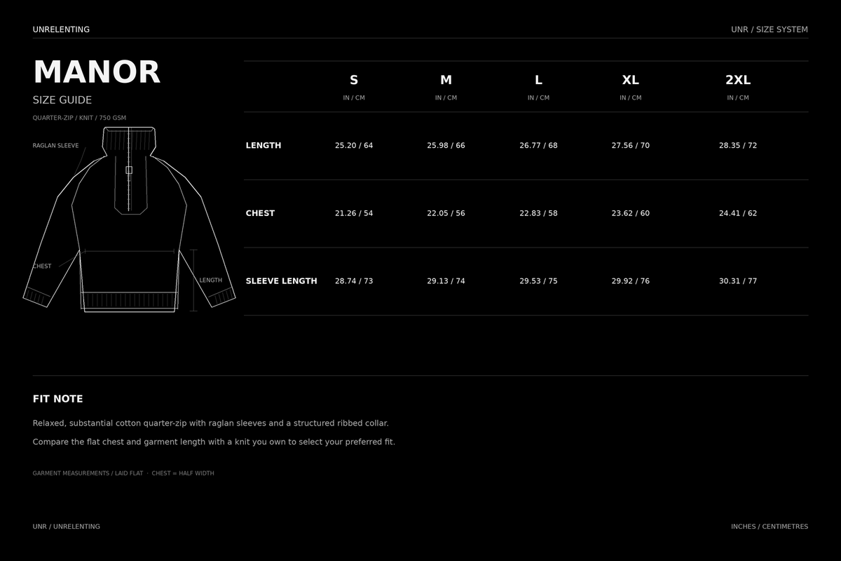 Manor quarter-zip cotton knit UNR size guide S M L XL 2XL in inches and centimetres