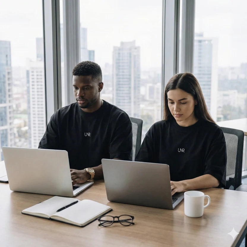 Two models wearing Black UNR Sorona Tees while working at a desk