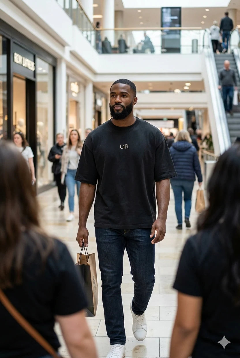 Black UNR Climate Tee with chest logo worn in mall