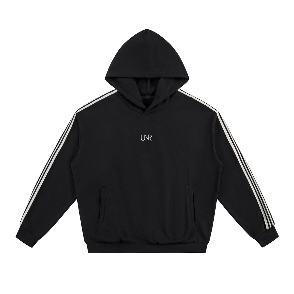 Black UNR Motion Set hoodie with chest logo and contrast sleeve stripes, front view